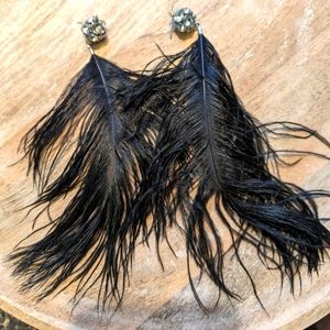 Black Feather Dangle Earrings with Rhinestones